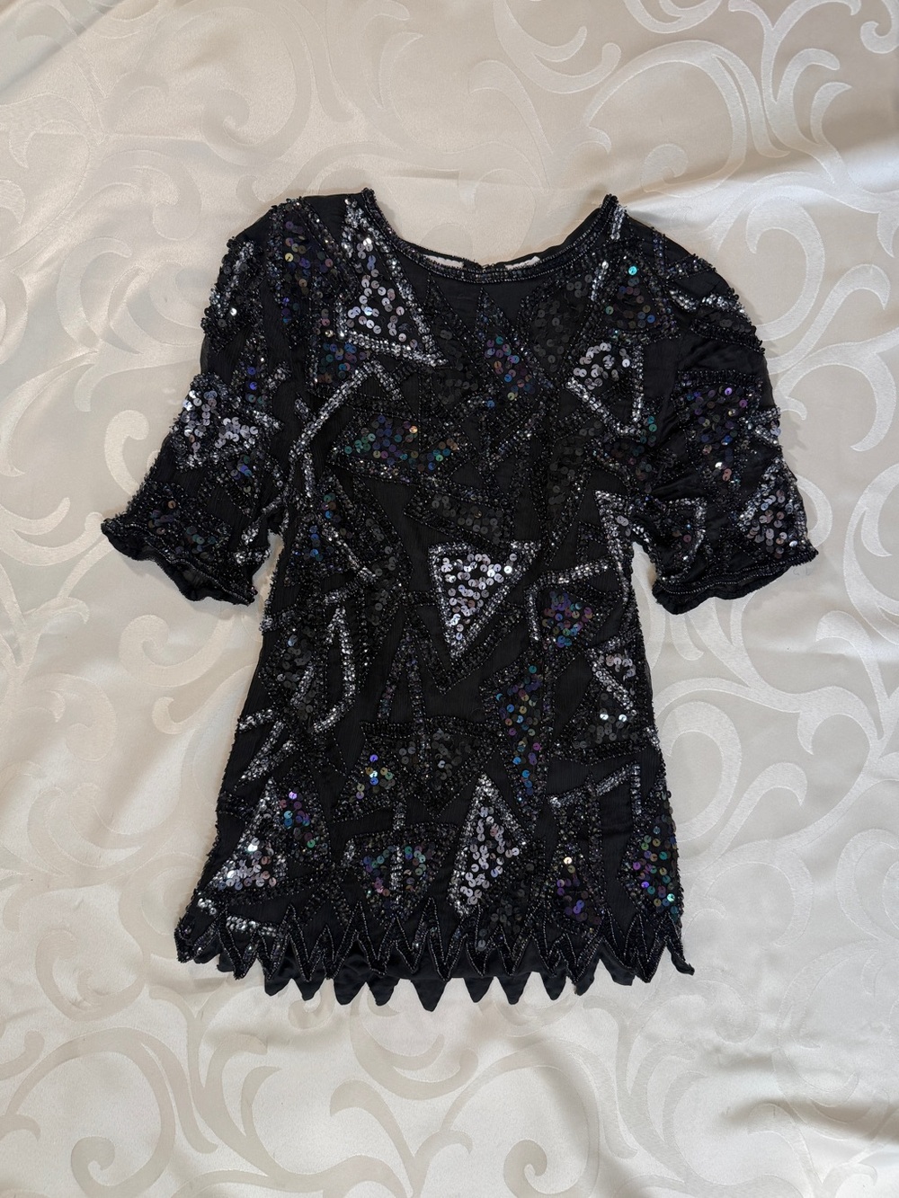 Black Sequined Short-Sleeve Evening Blouse